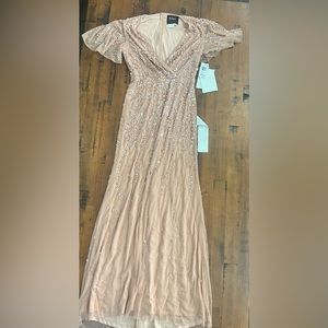 Mac Duggal Nude Flutter Sleeve Embellished Lace Trumpet Gown Size 4 $698